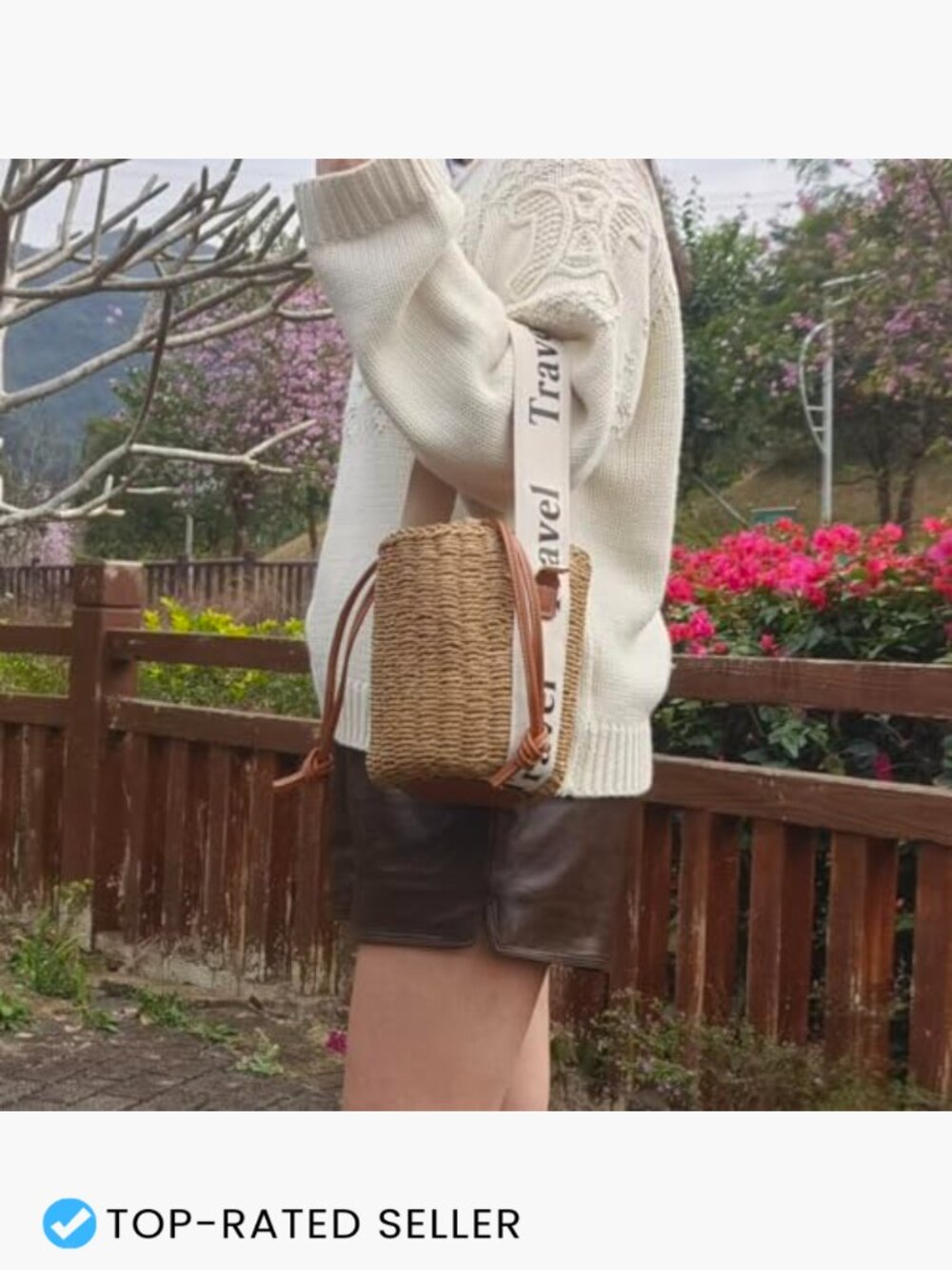 Straw Rattan Woven Bucket Tote Bag Crossbody Drawstring Beach Handbag - Picture 3 of 7